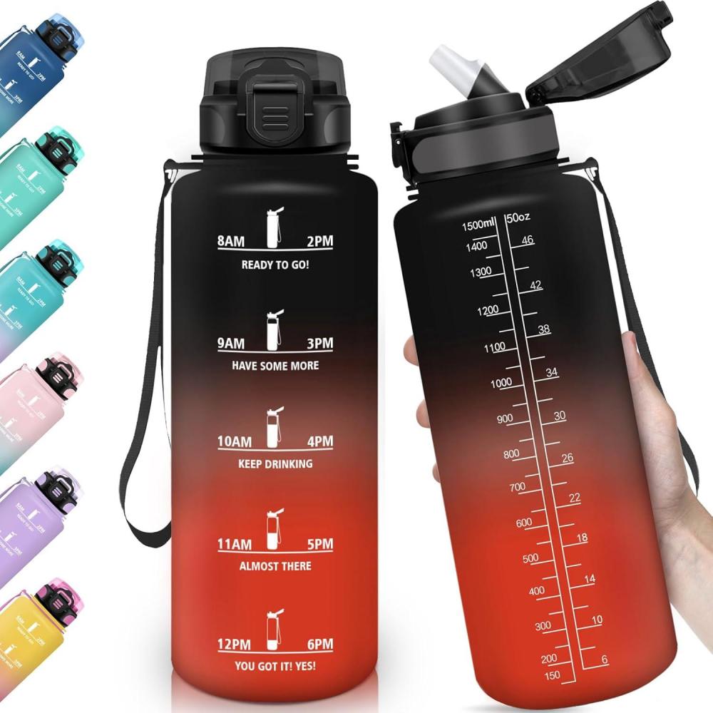 image:imageHoneyHolly Gourde 15L Bouteille Gourde Sport avec Paille Gourde Motivation avec Marqueur de Temps Bouteille deau tanche Bouteille deau pour Randonne Camping Fitness CyclismeNoir Rouge1 5 L