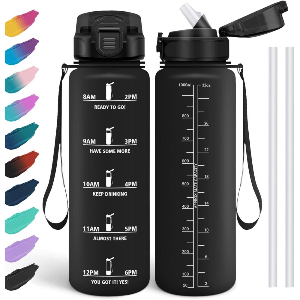 image:imageHoneyHolly Gourde 15L Bouteille Gourde Sport avec Paille Gourde Motivation avec Marqueur de Temps Bouteille deau tanche Bouteille deau pour Randonne Camping Fitness CyclismeNoir1l