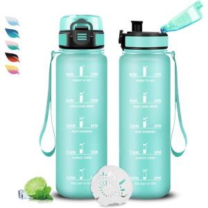 Bouteille, Gourde 1l, Gourde Sport Anti-Fuite, Facile à Nettoyer, Water Bottle Motivation, avec Slogan de Motivation, Bouteille Graduée pour 1 Journee, Water Bottle pour Running, Voyage, École, Sport(Cyan-bleu)