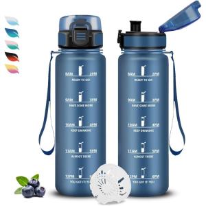 Bouteille, Gourde 1l, Gourde Sport Anti-Fuite, Facile à Nettoyer, Water Bottle Motivation, avec Slogan de Motivation, Bouteille Graduée pour 1 Journee, Water Bottle pour Running, Voyage, École, Sport(Bleu Marine)