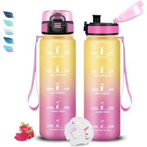 Bouteille, Gourde 1l, Gourde Sport Anti-Fuite, Facile à Nettoyer, Water Bottle Motivation, avec Slogan de Motivation, Bouteille Graduée pour 1 Journee, Water Bottle pour Running, Voyage, École, Sport(Jaune-rose)