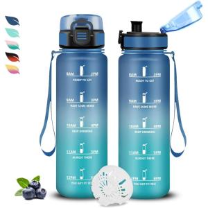 Bouteille, Gourde 1l, Gourde Sport Anti-Fuite, Facile à Nettoyer, Water Bottle Motivation, avec Slogan de Motivation, Bouteille Graduée pour 1 Journee, Water Bottle pour Running, Voyage, École, Sport(Bleu-vert)