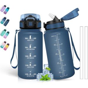 Bouteille d&rsquo;eau de 1 l avec paille et indicateur de temps, anti-fuite, pour la course, le camping et la randonnée, bouteille de sport(Bleu Marine)