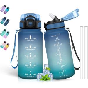 Bouteille d&rsquo;eau de 1 l avec paille et indicateur de temps, anti-fuite, pour la course, le camping et la randonnée, bouteille de sport(Bleu-vert)