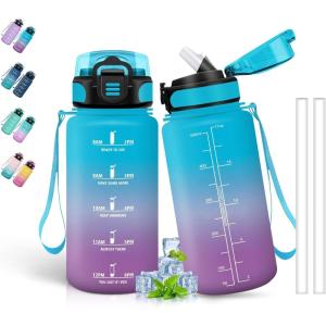 Bouteille d&rsquo;eau de 1 l avec paille et indicateur de temps, anti-fuite, pour la course, le camping et la randonnée, bouteille de sport(Bleu-violet)
