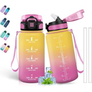 Bouteille d&rsquo;eau de 1 l avec paille et indicateur de temps, anti-fuite, pour la course, le camping et la randonnée, bouteille de sport(Jaune-rose)
