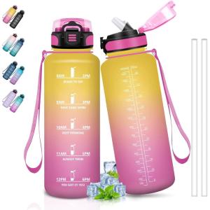 Bouteille d&rsquo;eau de 1 l avec paille et indicateur de temps, anti-fuite, pour la course, le camping et la randonnée, bouteille de sport(Jaune-rose-1)