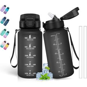 Bouteille d&rsquo;eau de 1 l avec paille et indicateur de temps, anti-fuite, pour la course, le camping et la randonnée, bouteille de sport(Noir)