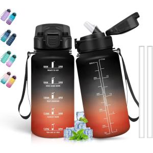 Bouteille d&rsquo;eau de 1 l avec paille et indicateur de temps, anti-fuite, pour la course, le camping et la randonnée, bouteille de sport(Noir-rouge)