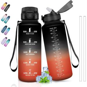 Bouteille d&rsquo;eau de 1 l avec paille et indicateur de temps, anti-fuite, pour la course, le camping et la randonnée, bouteille de sport(Noir-rouge-1)