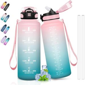 Bouteille d&rsquo;eau de 1 l avec paille et indicateur de temps, anti-fuite, pour la course, le camping et la randonnée, bouteille de sport(Rose-cyan-1)