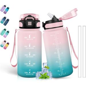 Bouteille d&rsquo;eau de 1 l avec paille et indicateur de temps, anti-fuite, pour la course, le camping et la randonnée, bouteille de sport(Rose-vert)
