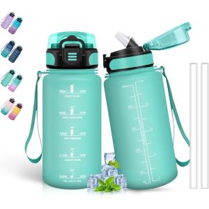 Bouteille d&rsquo;eau de 1 l avec paille et indicateur de temps, anti-fuite, pour la course, le camping et la randonnée, bouteille de sport(Vert)