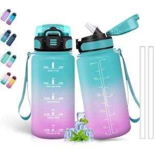 Bouteille d&rsquo;eau de 1 l avec paille et indicateur de temps, anti-fuite, pour la course, le camping et la randonnée, bouteille de sport(Vert-rose)