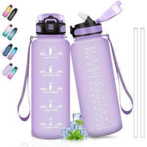 Bouteille d&rsquo;eau de 1 l avec paille et indicateur de temps, anti-fuite, pour la course, le camping et la randonnée, bouteille de sport(Violet-sh)