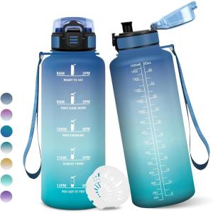 Gourde, 1500ML Sans BPA, Gourde sport, Avec Horodatage, Bouteille, Conception de Verrouillage Anti-Fuite, Bouteille Plastique pour bureau, En cours d&rsquo;exécution, Escalader Des Montagnes – Bleu&vert