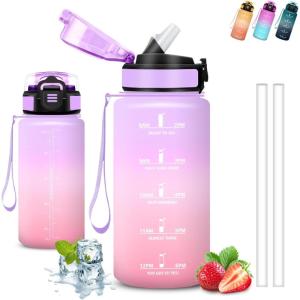 Grsta Gourde- 1,5l- Gourde Sport, Anti Fuite, Bouteille Graduée pour 1 Journee, Facile à Nettoyer, Bouteille Motivation, avec Marqueur de Temps, pour Aptitude, Randonnée, Camping, Voyage, Yoga(Violet-rose)
