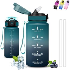 Grsta Gourde- 1,5l- Gourde Sport, Anti Fuite, Bouteille Graduée pour 1 Journee, Facile à Nettoyer, Bouteille Motivation, avec Marqueur de Temps, pour Aptitude, Randonnée, Camping, Voyage, Yoga(Vert-gris)