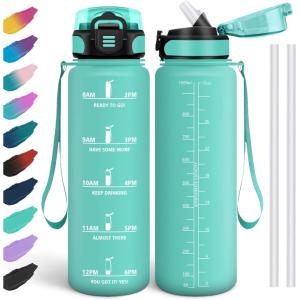 HoneyHolly Gourde, 1.5L Bouteille, Gourde Sport avec Paille, Gourde Motivation avec Marqueur de Temps, Bouteille d&rsquo;eau, Étanche, Bouteille d&rsquo;eau pour Randonnée, Camping, Fitness, Cyclisme(Vert-1l)