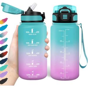 HoneyHolly Gourde, 1.5L Bouteille, Gourde Sport avec Paille, Gourde Motivation avec Marqueur de Temps, Bouteille d&rsquo;eau, Étanche, Bouteille d&rsquo;eau pour Randonnée, Camping, Fitness, Cyclisme(Vert-rose)