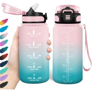 HoneyHolly Gourde, 1.5L Bouteille, Gourde Sport avec Paille, Gourde Motivation avec Marqueur de Temps, Bouteille d&rsquo;eau, Étanche, Bouteille d&rsquo;eau pour Randonnée, Camping, Fitness, Cyclisme(Rose-cyan)
