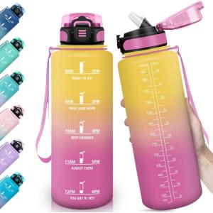 HoneyHolly Gourde, 1.5L Bouteille, Gourde Sport avec Paille, Gourde Motivation avec Marqueur de Temps, Bouteille d&rsquo;eau, Étanche, Bouteille d&rsquo;eau pour Randonnée, Camping, Fitness, Cyclisme(Jaune & Rose-1 5 L)