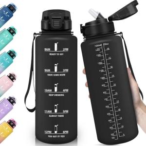 HoneyHolly Gourde, 1.5L Bouteille, Gourde Sport avec Paille, Gourde Motivation avec Marqueur de Temps, Bouteille d&rsquo;eau, Étanche, Bouteille d&rsquo;eau pour Randonnée, Camping, Fitness, Cyclisme(Noir-1 5 L)