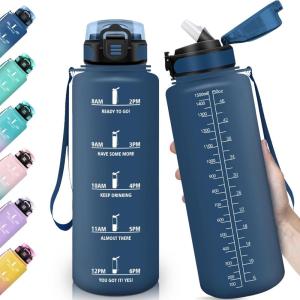 HoneyHolly Gourde, 1.5L Bouteille, Gourde Sport avec Paille, Gourde Motivation avec Marqueur de Temps, Bouteille d&rsquo;eau, Étanche, Bouteille d&rsquo;eau pour Randonnée, Camping, Fitness, Cyclisme(Bleu Marine-1 5 L)