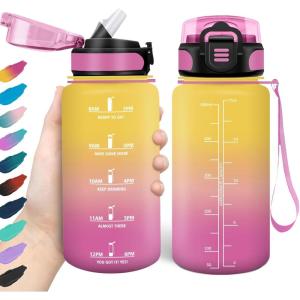 HoneyHolly Gourde, 1.5L Bouteille, Gourde Sport avec Paille, Gourde Motivation avec Marqueur de Temps, Bouteille d&rsquo;eau, Étanche, Bouteille d&rsquo;eau pour Randonnée, Camping, Fitness, Cyclisme(Jaune-rose)