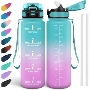 HoneyHolly Gourde, 1.5L Bouteille, Gourde Sport avec Paille, Gourde Motivation avec Marqueur de Temps, Bouteille d&rsquo;eau, Étanche, Bouteille d&rsquo;eau pour Randonnée, Camping, Fitness, Cyclisme(Vert-rose-1l)