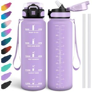 HoneyHolly Gourde, 1.5L Bouteille, Gourde Sport avec Paille, Gourde Motivation avec Marqueur de Temps, Bouteille d&rsquo;eau, Étanche, Bouteille d&rsquo;eau pour Randonnée, Camping, Fitness, Cyclisme(Violet Clair-1l)
