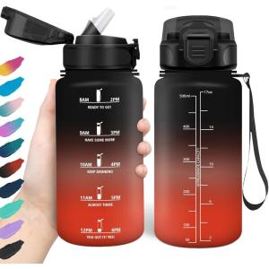 HoneyHolly Gourde, 1.5L Bouteille, Gourde Sport avec Paille, Gourde Motivation avec Marqueur de Temps, Bouteille d&rsquo;eau, Étanche, Bouteille d&rsquo;eau pour Randonnée, Camping, Fitness, Cyclisme(Noir-rouge)
