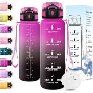 Motswedi Gourde Sport, 1500ml Anti Fuite, Gourde 1,5l, Réutilisable, Bouteille d&rsquo;eau, sans BPA, Bouteille Reutilisable, pour Adulte, Randonnée, l&rsquo;école, Fitness, Yoga, Violet Clair & Rose Clair(Violet Rouge & Noir)