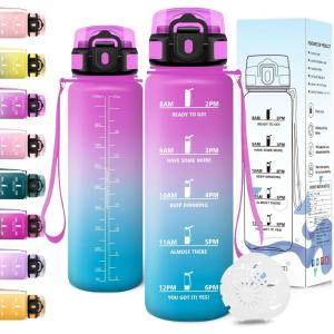 Motswedi Gourde Sport, 1500ml Anti Fuite, Gourde 1,5l, Réutilisable, Bouteille d&rsquo;eau, sans BPA, Bouteille Reutilisable, pour Adulte, Randonnée, l&rsquo;école, Fitness, Yoga, Violet Clair & Rose Clair(Rose Rouge & Cyan)