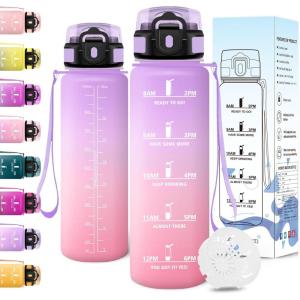 Motswedi Gourde Sport, 1500ml Anti Fuite, Gourde 1,5l, Réutilisable, Bouteille d&rsquo;eau, sans BPA, Bouteille Reutilisable, pour Adulte, Randonnée, l&rsquo;école, Fitness, Yoga, Violet Clair & Rose Clair(Violet Clair & Rose Clair)