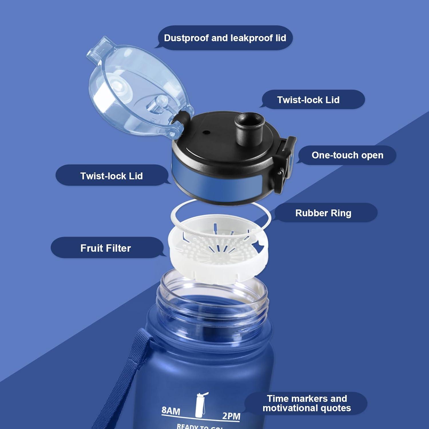image:imageBouteille deau Sport 1L Bouteille deau Motivation Marqueur de Temps Gourde avec Filtre Facile Nettoyer tanche et Rutilisable Gourde pour Randonne Cyclisme Bureau Extrieur Yoga32oz1000ml Mat Bleuvert