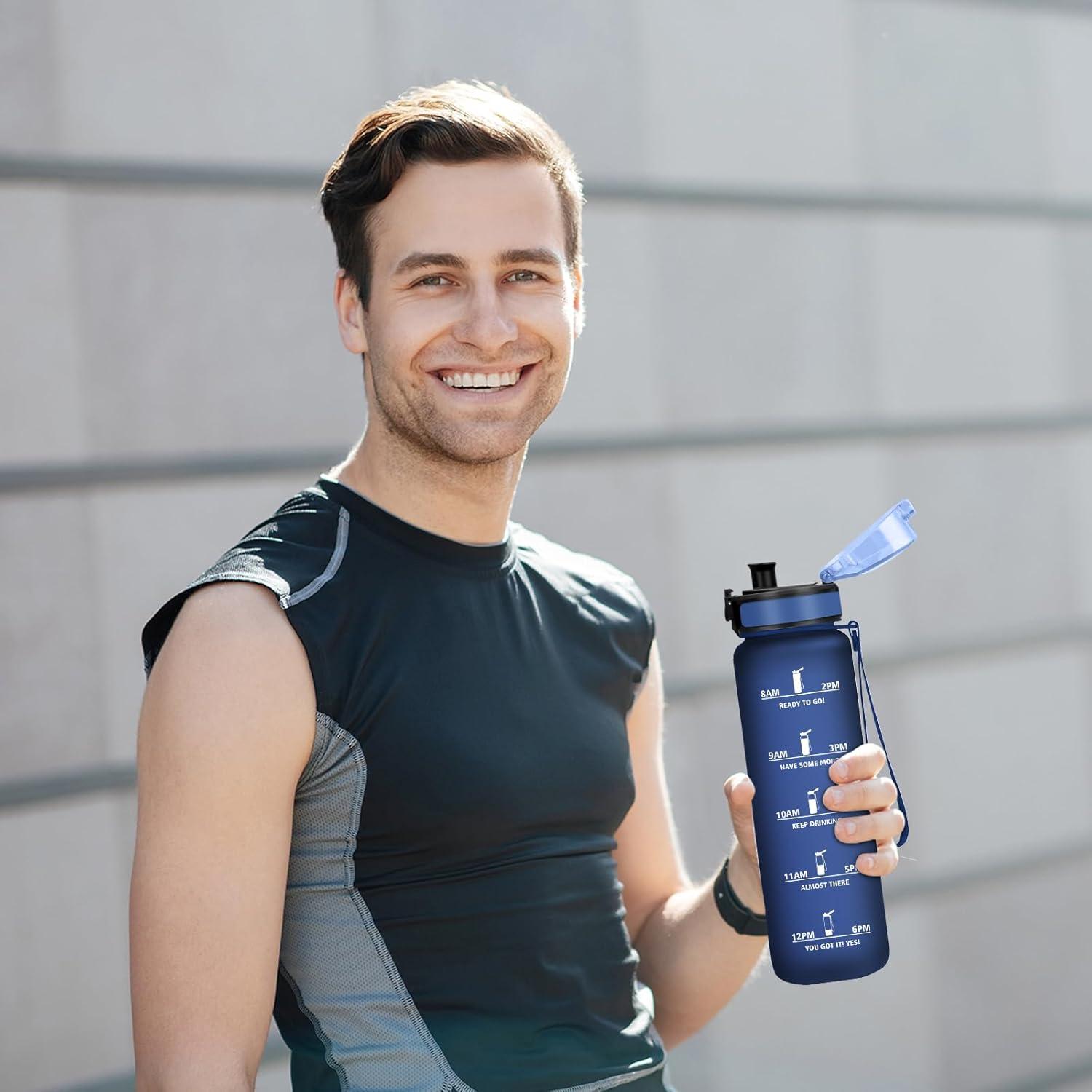 image:imageBouteille deau Sport 1L Bouteille deau Motivation Marqueur de Temps Gourde avec Filtre Facile Nettoyer tanche et Rutilisable Gourde pour Randonne Cyclisme Bureau Extrieur Yoga32oz1000ml Mat Bleuvert