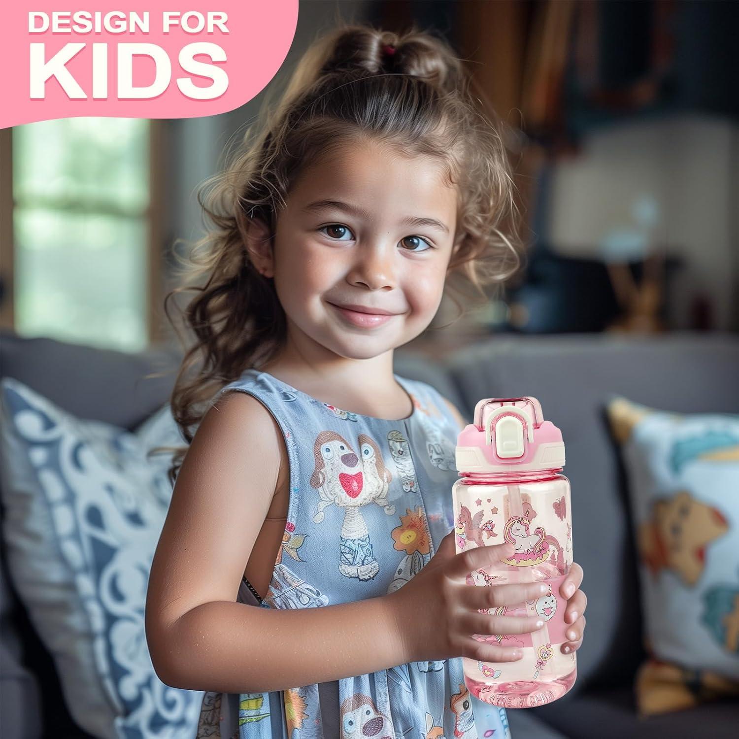 image:imageGourde Enfant avec Paille AntiFuite tanche 600 ml Bouteille Enfant sans BPA Verrouillage Scuris Bouteilles deau pour Maternelle lcole Sport AnimauxLicorne Rose