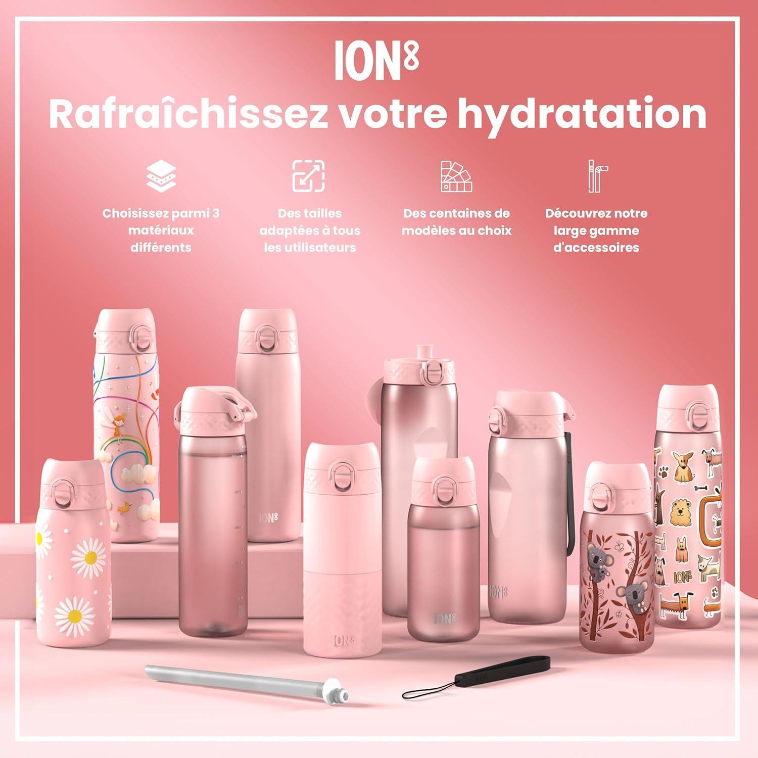 image:imageION8 Gourde Inox Lger 600ml Non Isol AntiFuite Facile Ouvrir Verrouillage Scuris Lavable au LaveVaisselle Poigne de Transport Durable Acier Inoxydable BleuRose Cendr