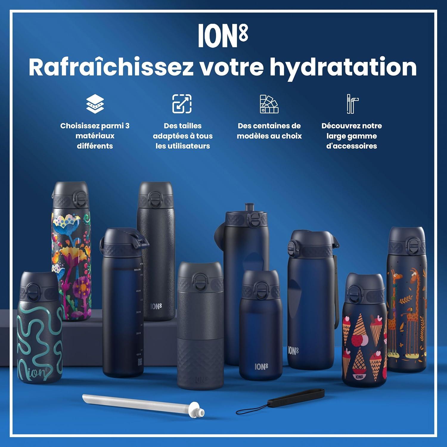 image:imageION8 Gourde Inox Lger 600ml Non Isol AntiFuite Facile Ouvrir Verrouillage Scuris Lavable au LaveVaisselle Poigne de Transport Durable Acier Inoxydable BleuBleu Marine Cendr