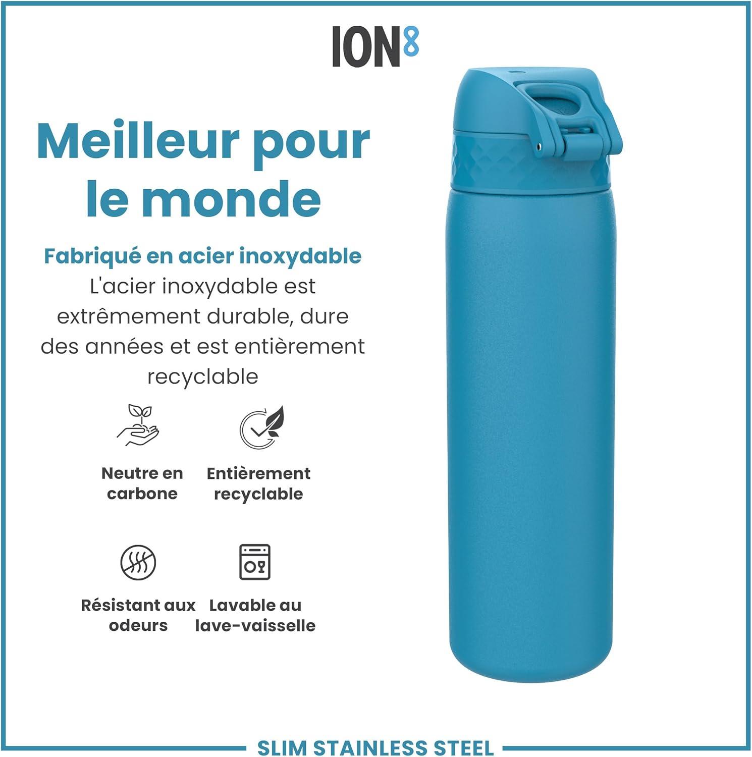 image:imageION8 Gourde Inox Lger 600ml Non Isol AntiFuite Facile Ouvrir Verrouillage Scuris Lavable au LaveVaisselle Poigne de Transport Durable Acier Inoxydable BleuBleu