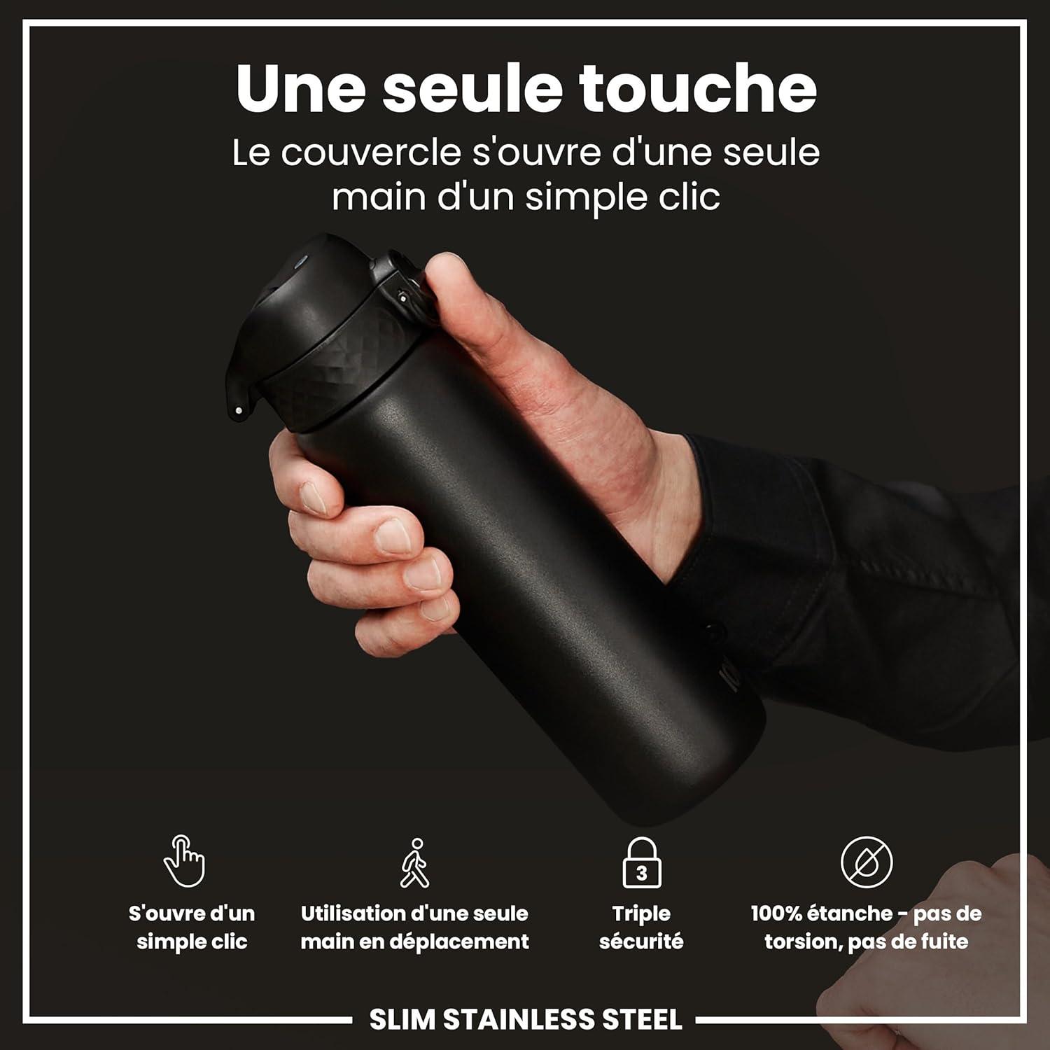 image:imageION8 Gourde Inox Lger 600ml Non Isol AntiFuite Facile Ouvrir Verrouillage Scuris Lavable au LaveVaisselle Poigne de Transport Durable Acier Inoxydable BleuNoir