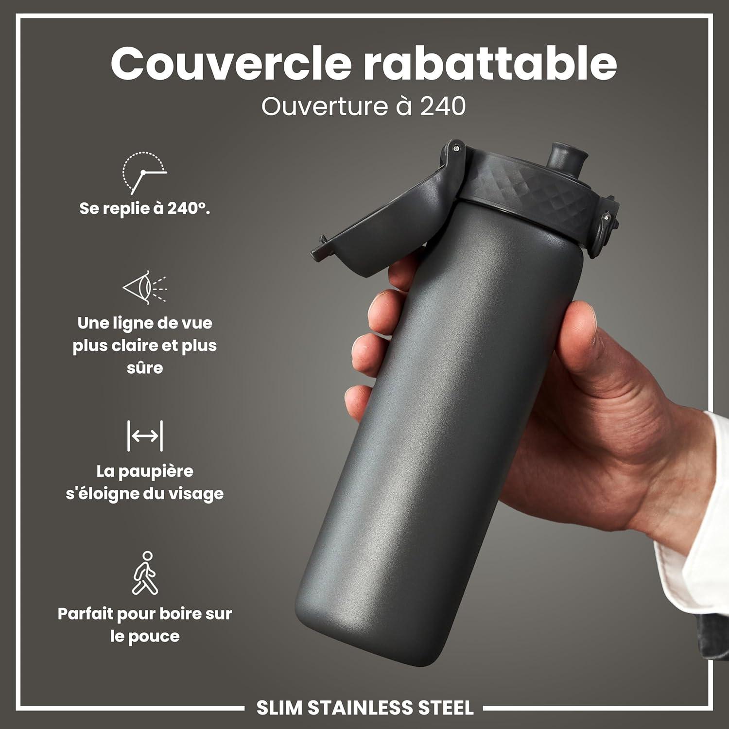 image:imageION8 Gourde Inox Lger 600ml Non Isol AntiFuite Facile Ouvrir Verrouillage Scuris Lavable au LaveVaisselle Poigne de Transport Durable Acier Inoxydable BleuGris