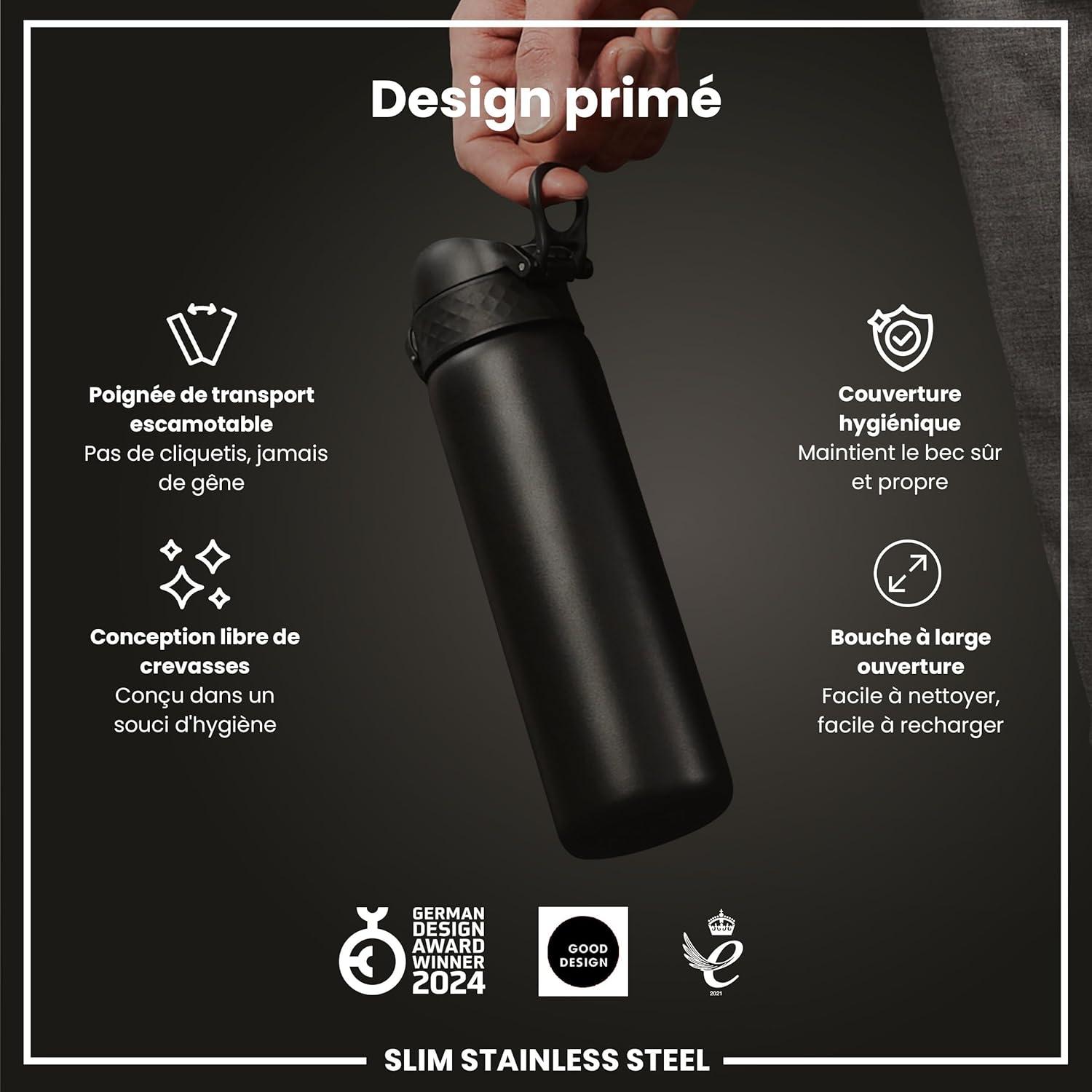 image:imageION8 Gourde Inox Lger 600ml Non Isol AntiFuite Facile Ouvrir Verrouillage Scuris Lavable au LaveVaisselle Poigne de Transport Durable Acier Inoxydable BleuNoir