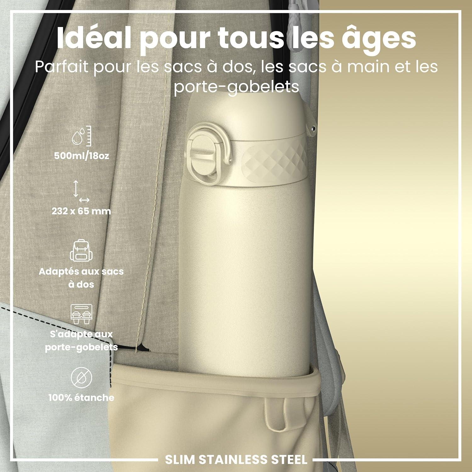 image:imageION8 Gourde Inox Lger 600ml Non Isol AntiFuite Facile Ouvrir Verrouillage Scuris Lavable au LaveVaisselle Poigne de Transport Durable Acier Inoxydable BleuBlanc Crmeux