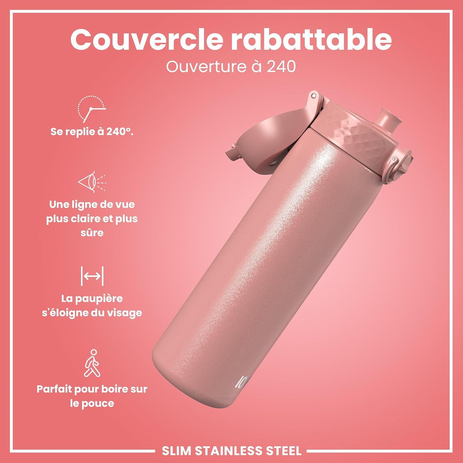 image:imageION8 Gourde Inox Lger 600ml Non Isol AntiFuite Facile Ouvrir Verrouillage Scuris Lavable au LaveVaisselle Poigne de Transport Durable Acier Inoxydable BleuRose Cendr