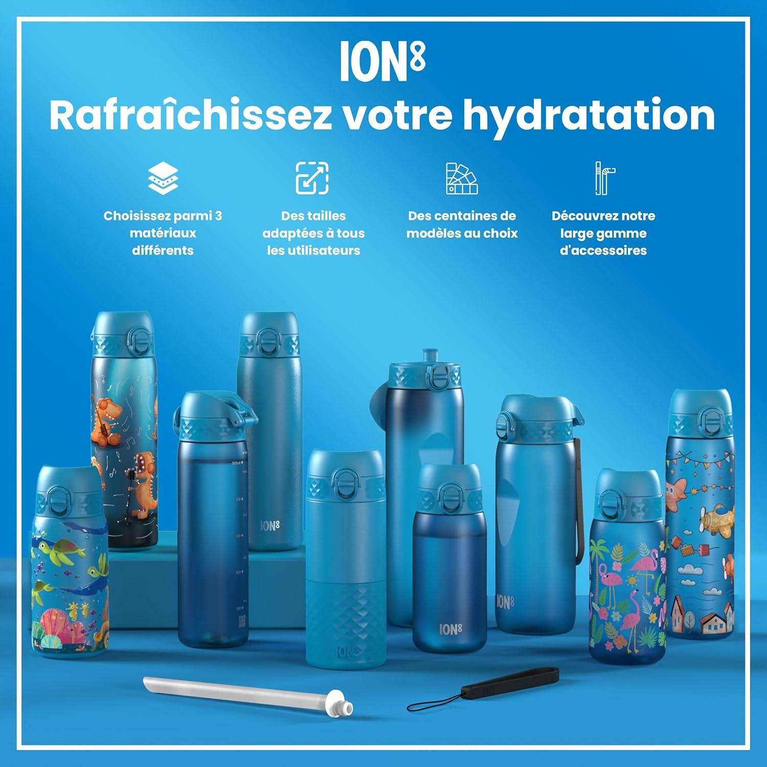 image:imageION8 Gourde Inox Lger 600ml Non Isol AntiFuite Facile Ouvrir Verrouillage Scuris Lavable au LaveVaisselle Poigne de Transport Durable Acier Inoxydable BleuBleu