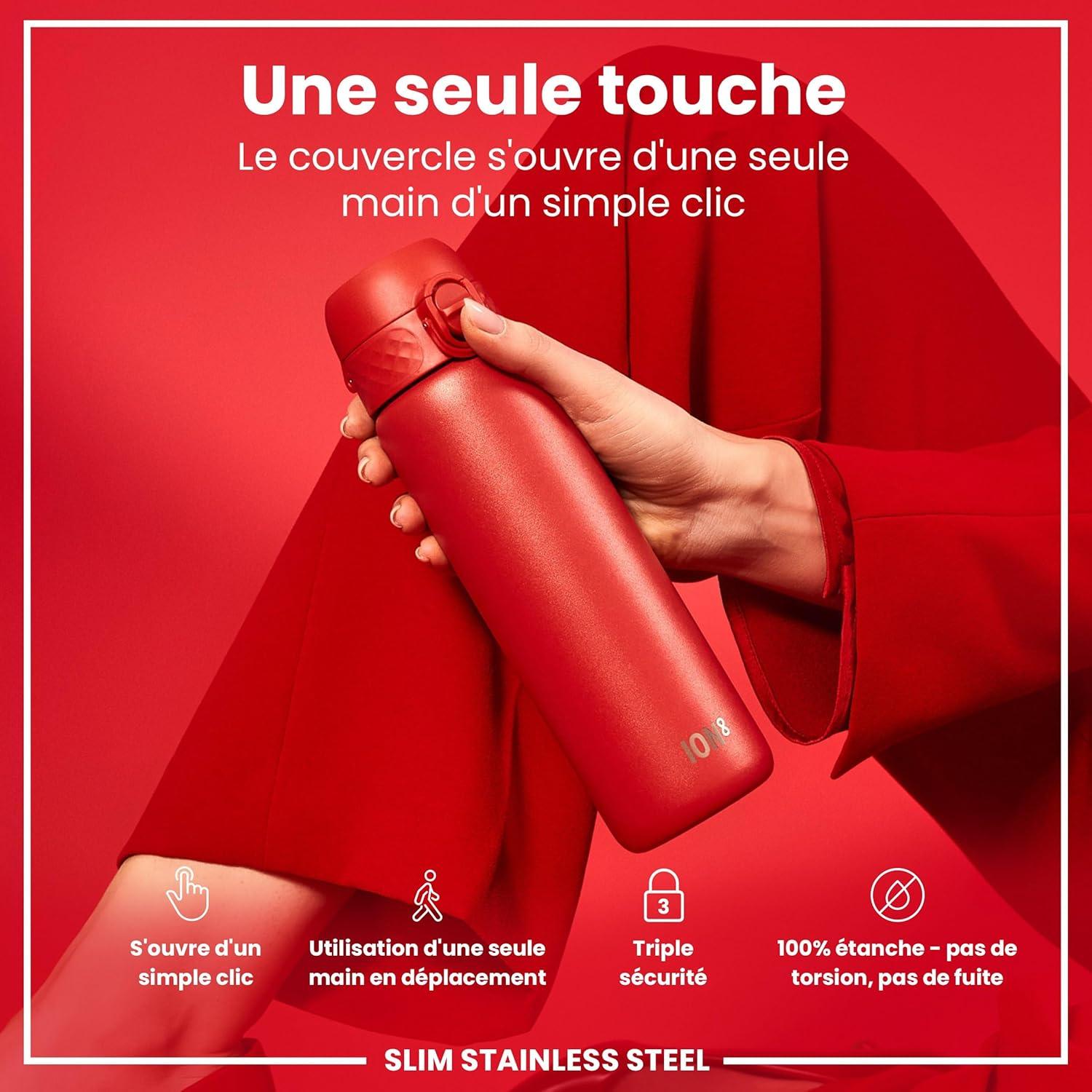 image:imageION8 Gourde Inox Lger 600ml Non Isol AntiFuite Facile Ouvrir Verrouillage Scuris Lavable au LaveVaisselle Poigne de Transport Durable Acier Inoxydable BleuRouge