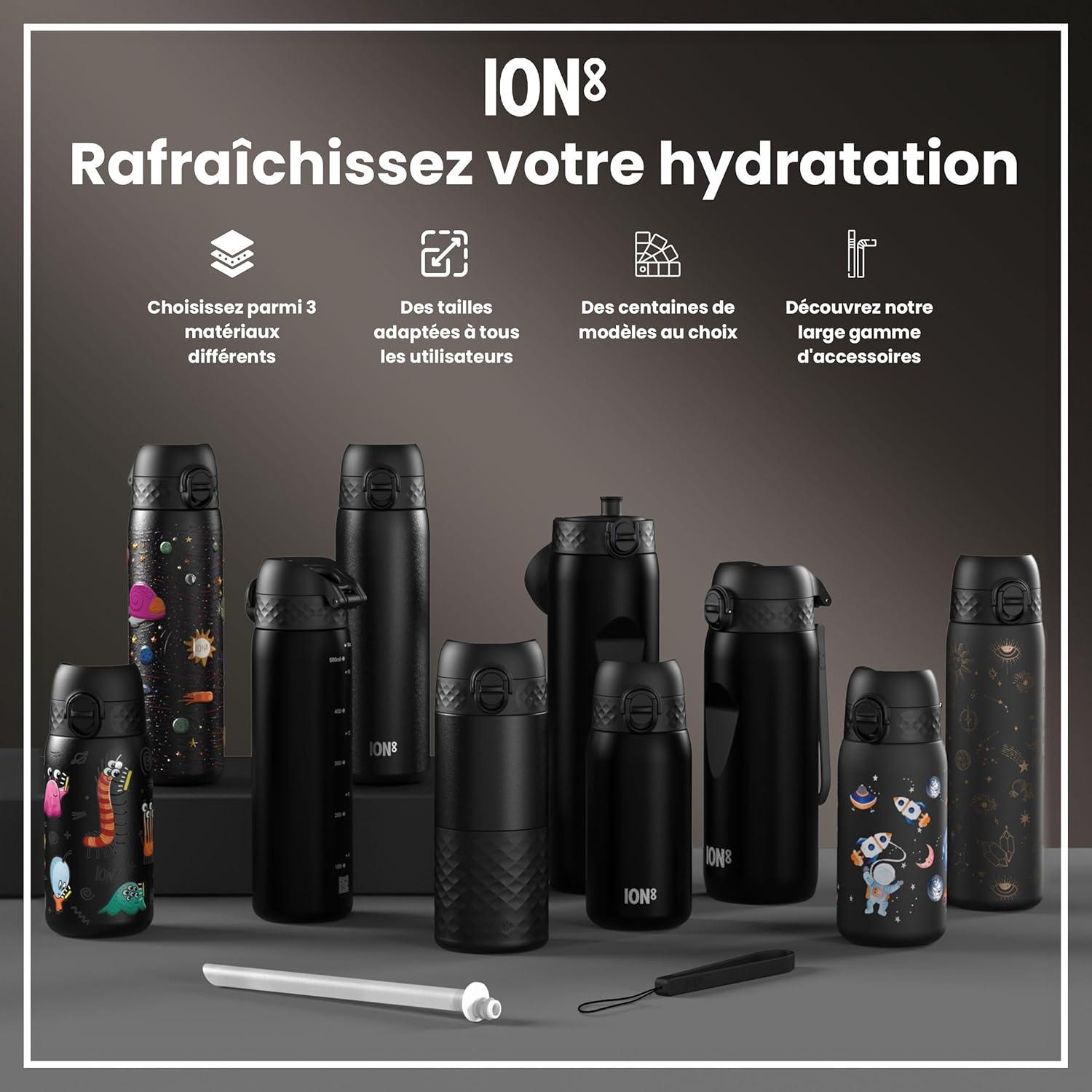 image:imageION8 Gourde Inox Lger 600ml Non Isol AntiFuite Facile Ouvrir Verrouillage Scuris Lavable au LaveVaisselle Poigne de Transport Durable Acier Inoxydable BleuNoir