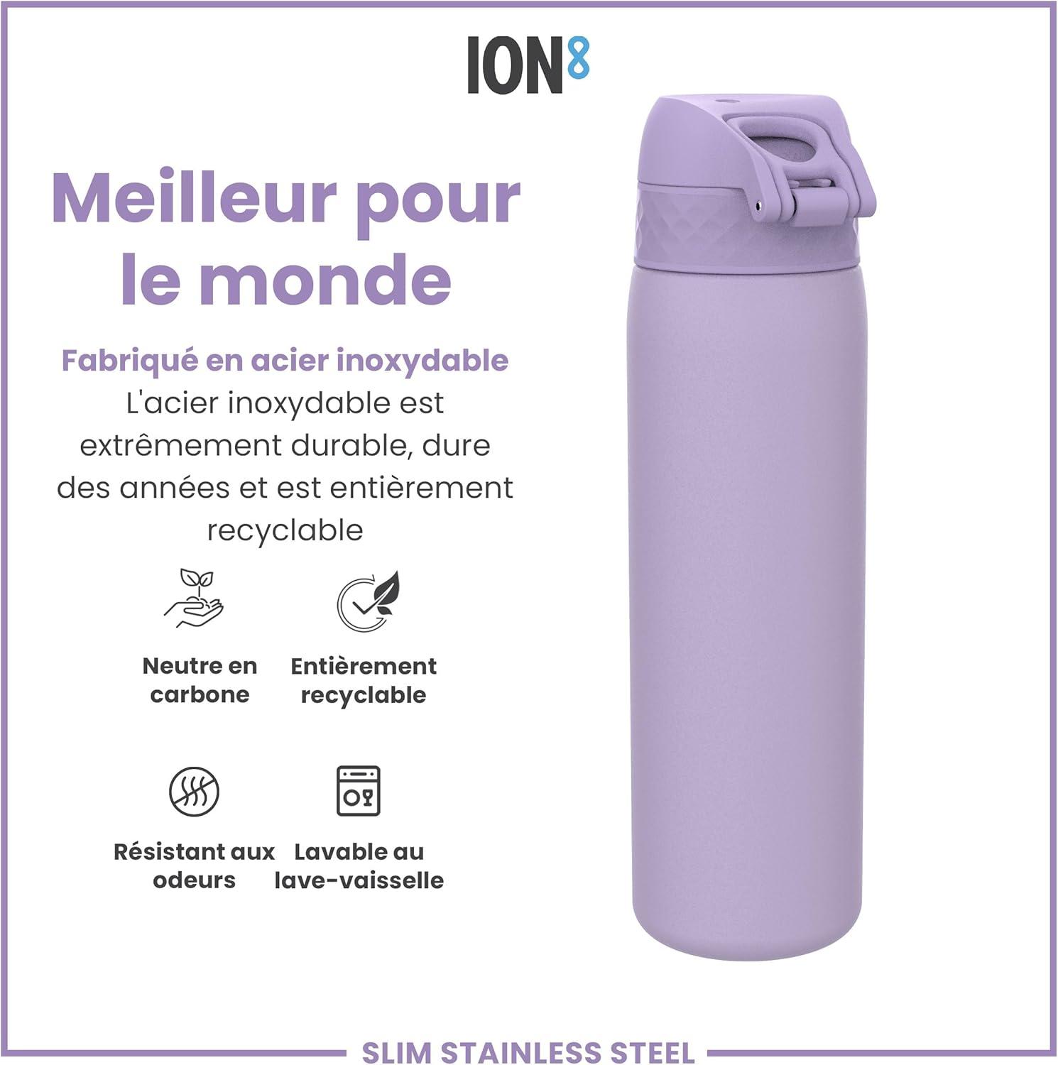 image:imageION8 Gourde Inox Lger 600ml Non Isol AntiFuite Facile Ouvrir Verrouillage Scuris Lavable au LaveVaisselle Poigne de Transport Durable Acier Inoxydable BleuViolet Clair